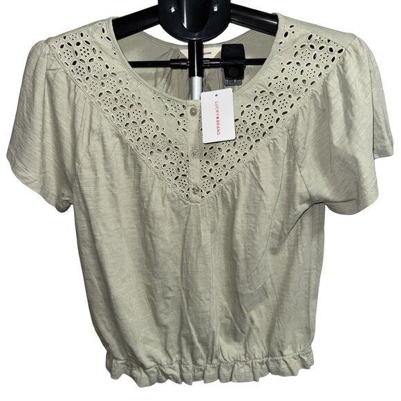Lucky Brand Tops - NWT Lucky Brand Top Medium Blouse Green Cotton Lace Short Sleeve Peasant Boho